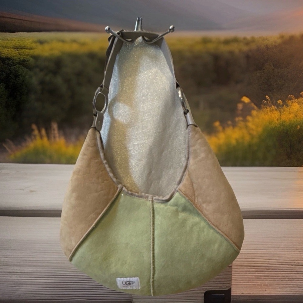UGG Australia Y2K Green Beige Crescent Suede Sheepskin Shearling Shoulder Bag